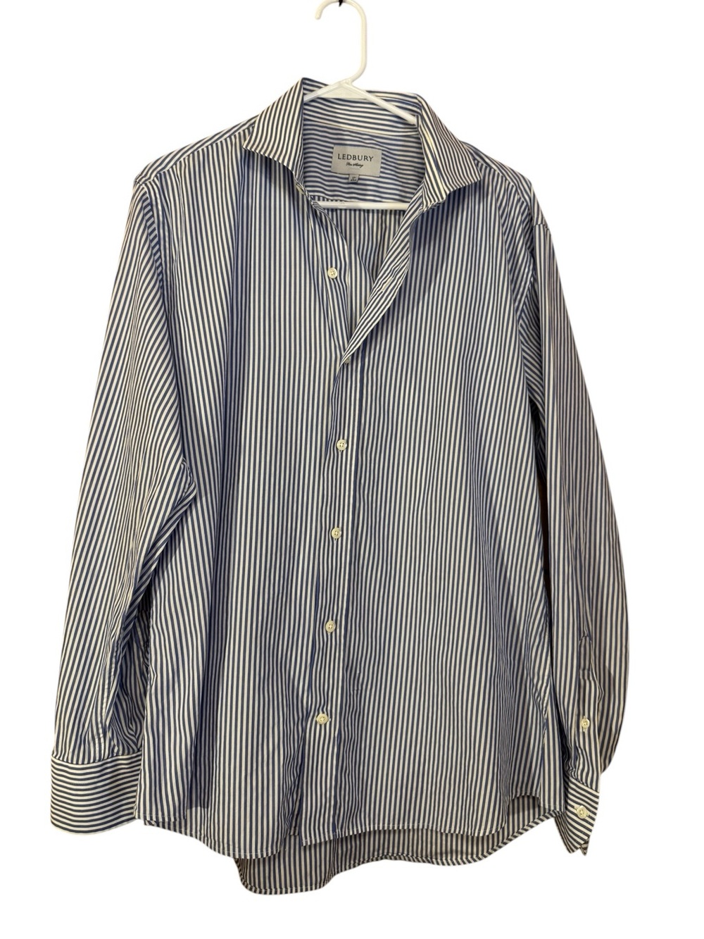 Ledbury Men’s Blue & White Striped 100% Cotton Dress Shirt Size 17 (43 cm)